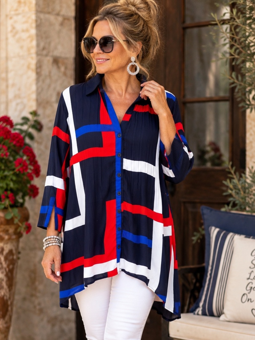 Valerie Stevens Geometric Colorblock Tunic Button Down Top Red Blue M